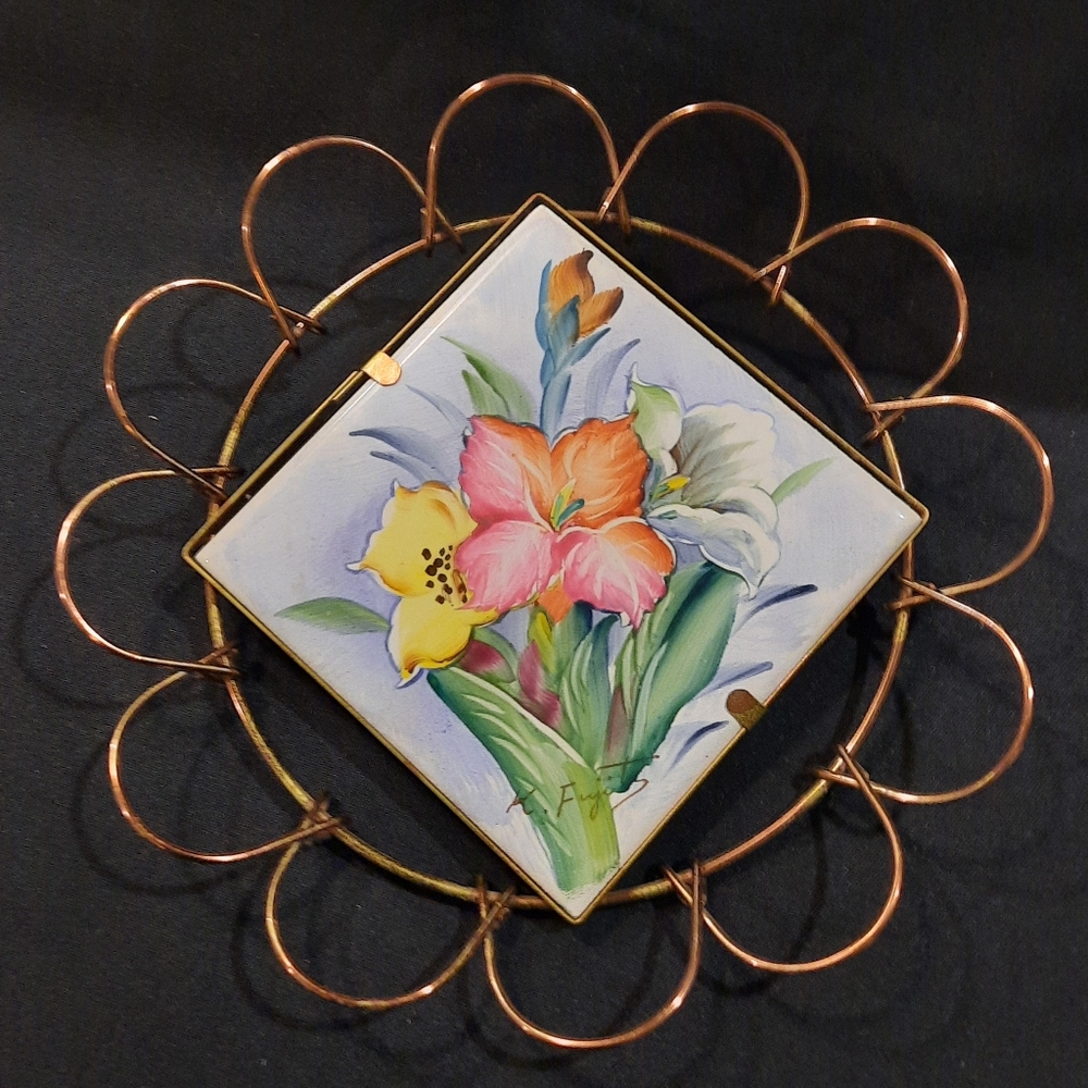 Vintage Floral Hand-Painted  Ceramic Tile & Metal Wire Trivet ~ Japan